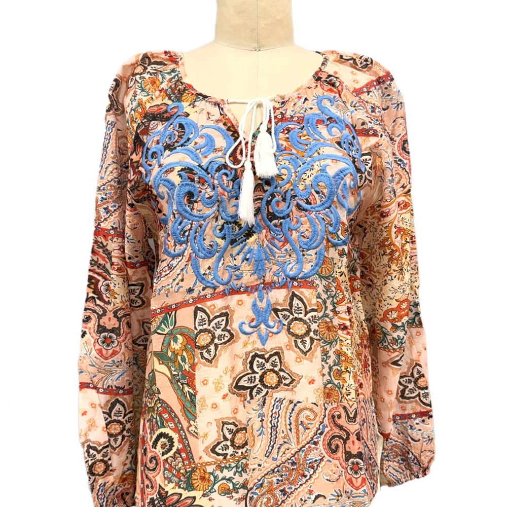 Paparazzi Blue Orange Tie Front Long Sleeve Blouse